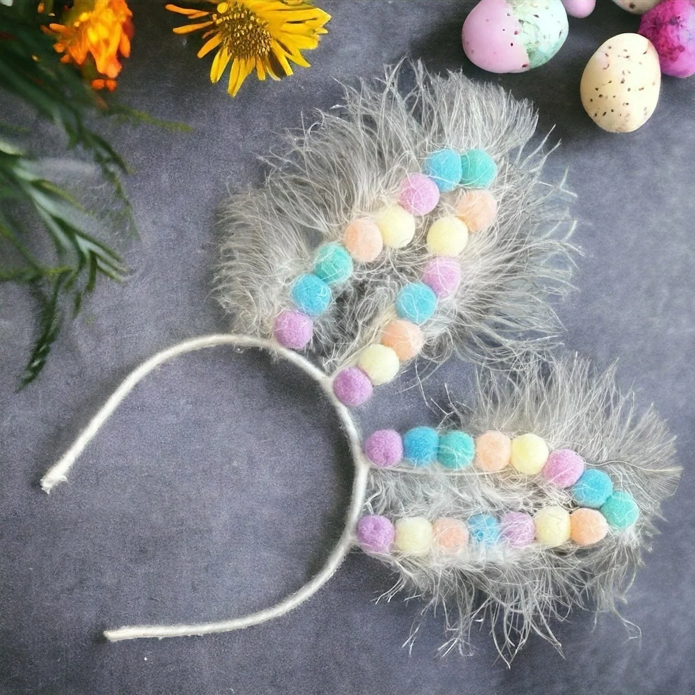 Pom Pom Easter Bunny Ears - Rabbit Ears, Easter Headpiece, Easter Headband